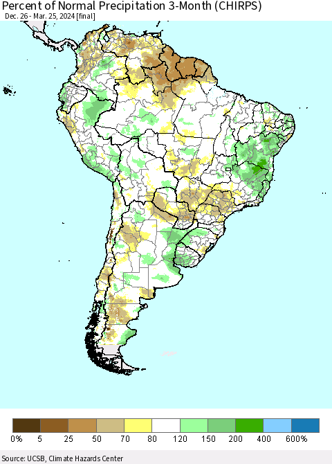 South America Percent of Normal Precipitation 3-Month (CHIRPS) Thematic Map For 12/26/2023 - 3/25/2024