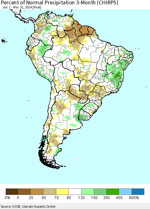 South America Percent of Normal Precipitation 3-Month (CHIRPS) Thematic Map For 1/1/2024 - 3/31/2024
