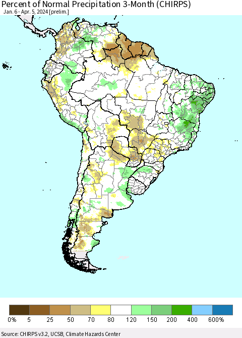 South America Percent of Normal Precipitation 3-Month (CHIRPS) Thematic Map For 1/6/2024 - 4/5/2024
