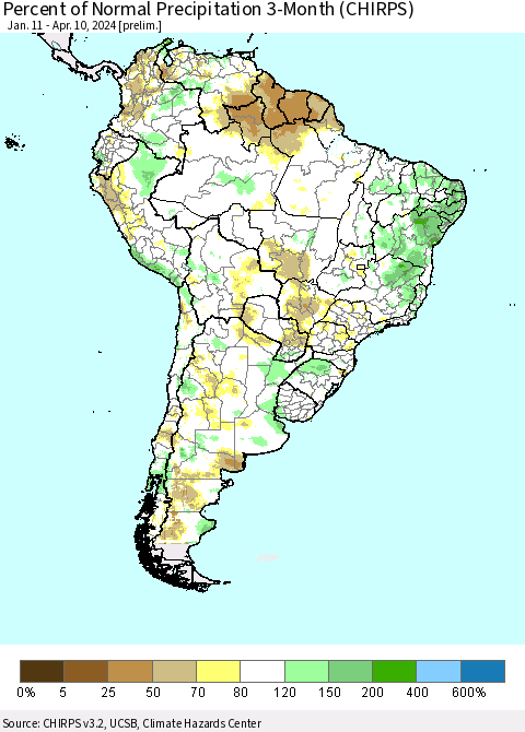 South America Percent of Normal Precipitation 3-Month (CHIRPS) Thematic Map For 1/11/2024 - 4/10/2024