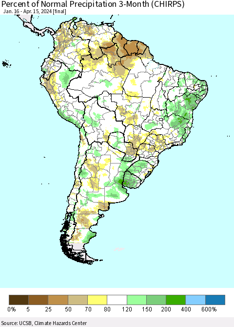 South America Percent of Normal Precipitation 3-Month (CHIRPS) Thematic Map For 1/16/2024 - 4/15/2024