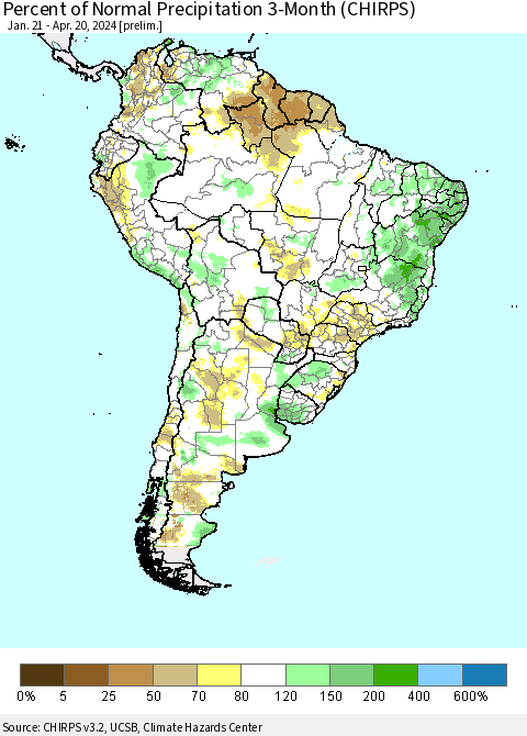 South America Percent of Normal Precipitation 3-Month (CHIRPS) Thematic Map For 1/21/2024 - 4/20/2024