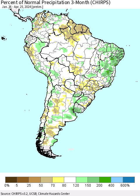 South America Percent of Normal Precipitation 3-Month (CHIRPS) Thematic Map For 1/26/2024 - 4/25/2024