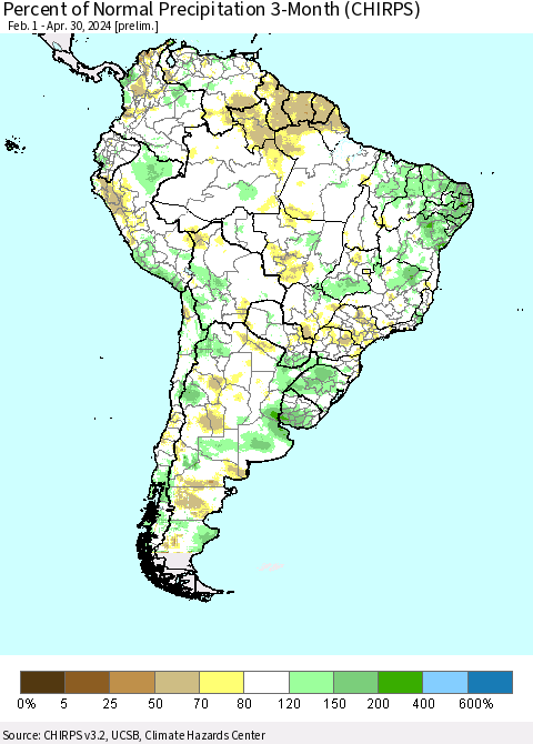 South America Percent of Normal Precipitation 3-Month (CHIRPS) Thematic Map For 2/1/2024 - 4/30/2024