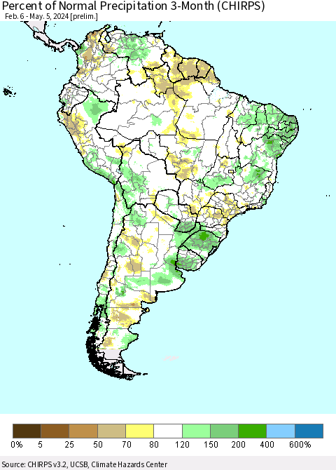 South America Percent of Normal Precipitation 3-Month (CHIRPS) Thematic Map For 2/6/2024 - 5/5/2024