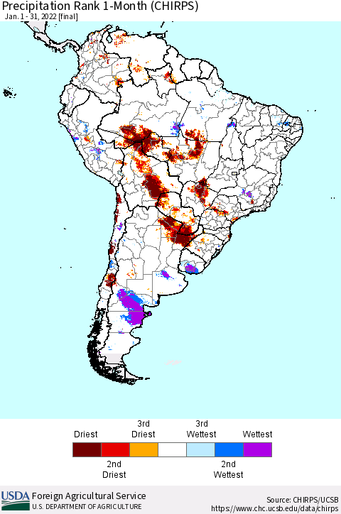 South America Precipitation Rank since 1981, 1-Month (CHIRPS) Thematic Map For 1/1/2022 - 1/31/2022