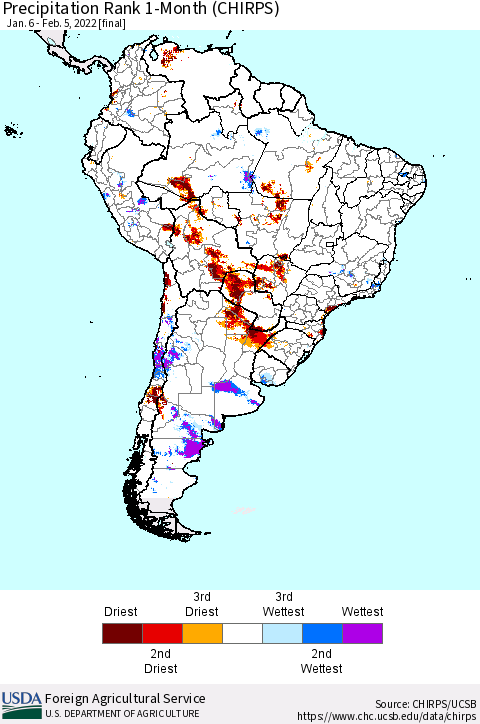 South America Precipitation Rank since 1981, 1-Month (CHIRPS) Thematic Map For 1/6/2022 - 2/5/2022