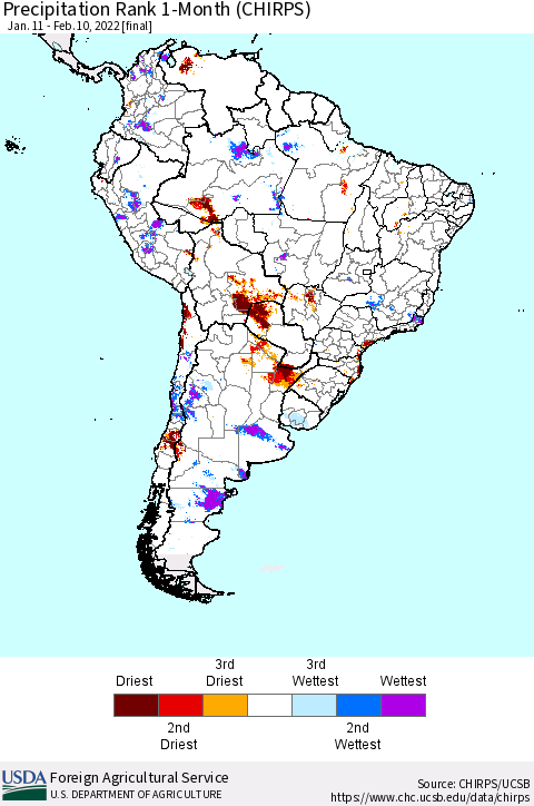 South America Precipitation Rank since 1981, 1-Month (CHIRPS) Thematic Map For 1/11/2022 - 2/10/2022
