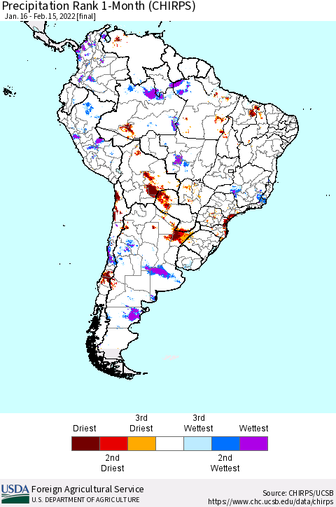 South America Precipitation Rank since 1981, 1-Month (CHIRPS) Thematic Map For 1/16/2022 - 2/15/2022