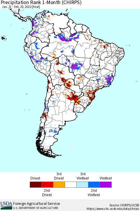 South America Precipitation Rank since 1981, 1-Month (CHIRPS) Thematic Map For 1/21/2022 - 2/20/2022