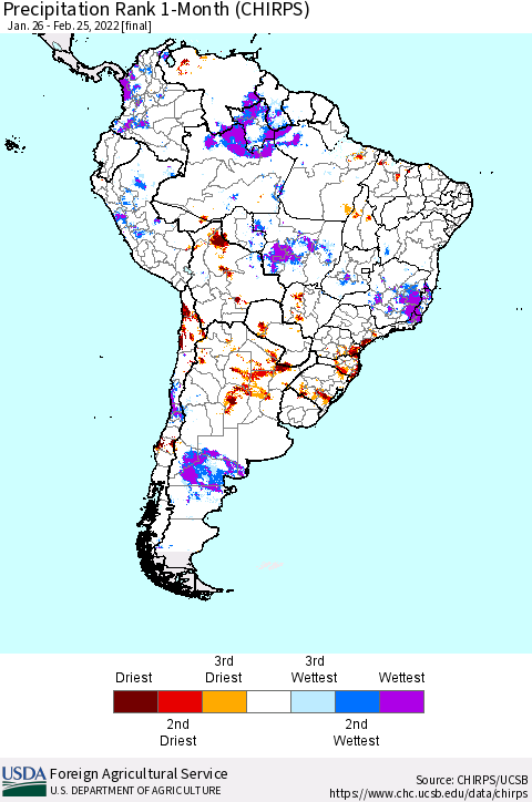 South America Precipitation Rank since 1981, 1-Month (CHIRPS) Thematic Map For 1/26/2022 - 2/25/2022