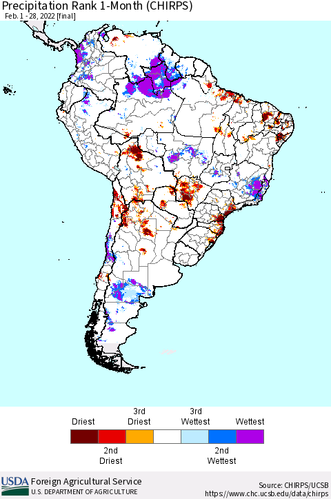 South America Precipitation Rank since 1981, 1-Month (CHIRPS) Thematic Map For 2/1/2022 - 2/28/2022