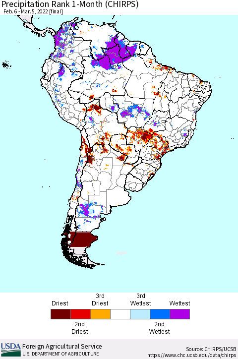 South America Precipitation Rank since 1981, 1-Month (CHIRPS) Thematic Map For 2/6/2022 - 3/5/2022