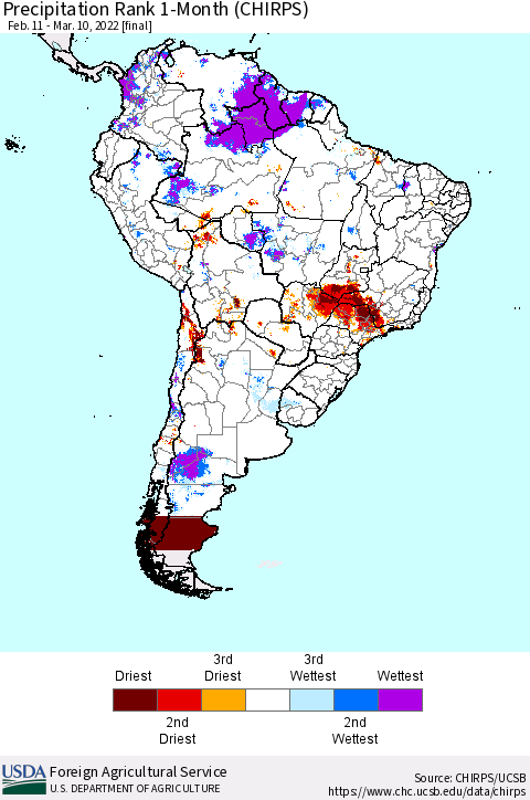 South America Precipitation Rank since 1981, 1-Month (CHIRPS) Thematic Map For 2/11/2022 - 3/10/2022