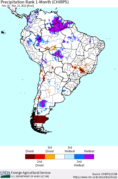 South America Precipitation Rank since 1981, 1-Month (CHIRPS) Thematic Map For 2/16/2022 - 3/15/2022