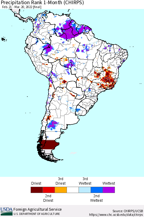 South America Precipitation Rank since 1981, 1-Month (CHIRPS) Thematic Map For 2/21/2022 - 3/20/2022