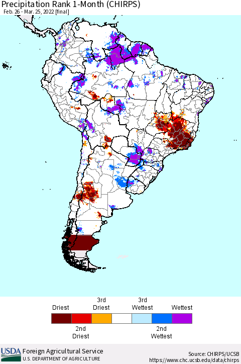 South America Precipitation Rank since 1981, 1-Month (CHIRPS) Thematic Map For 2/26/2022 - 3/25/2022