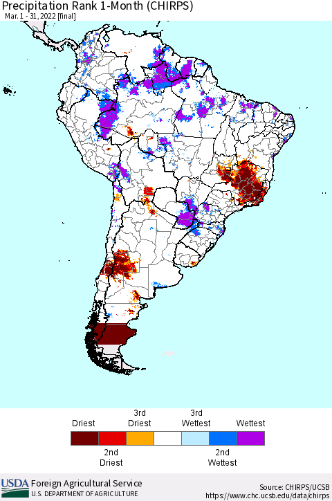 South America Precipitation Rank since 1981, 1-Month (CHIRPS) Thematic Map For 3/1/2022 - 3/31/2022