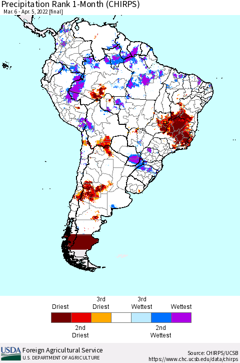 South America Precipitation Rank since 1981, 1-Month (CHIRPS) Thematic Map For 3/6/2022 - 4/5/2022