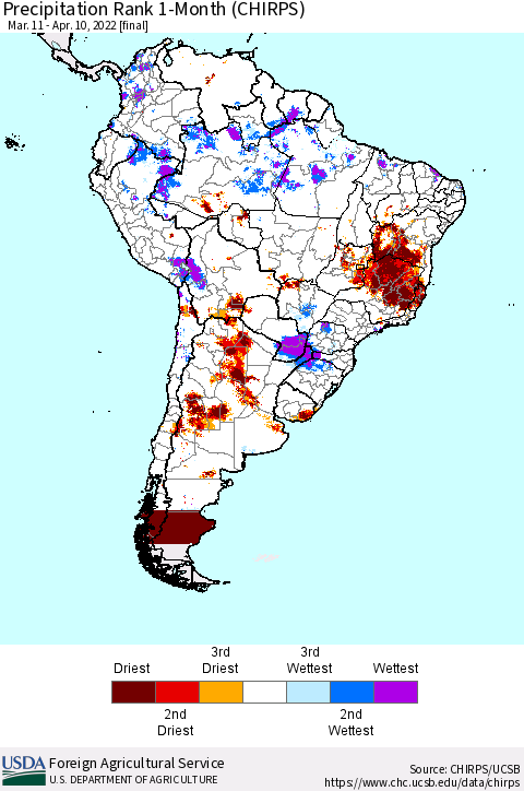 South America Precipitation Rank since 1981, 1-Month (CHIRPS) Thematic Map For 3/11/2022 - 4/10/2022
