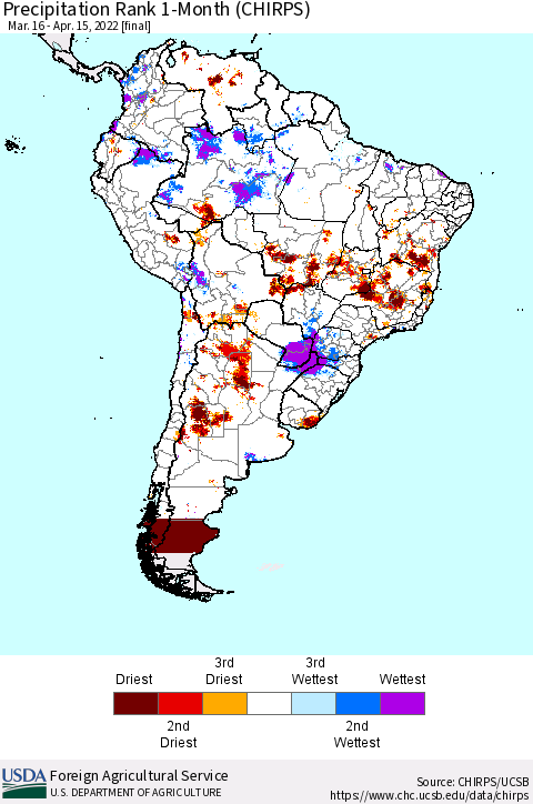 South America Precipitation Rank since 1981, 1-Month (CHIRPS) Thematic Map For 3/16/2022 - 4/15/2022