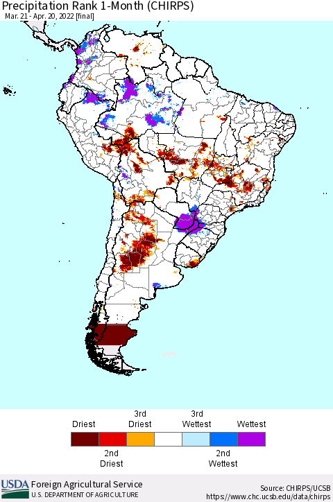 South America Precipitation Rank since 1981, 1-Month (CHIRPS) Thematic Map For 3/21/2022 - 4/20/2022