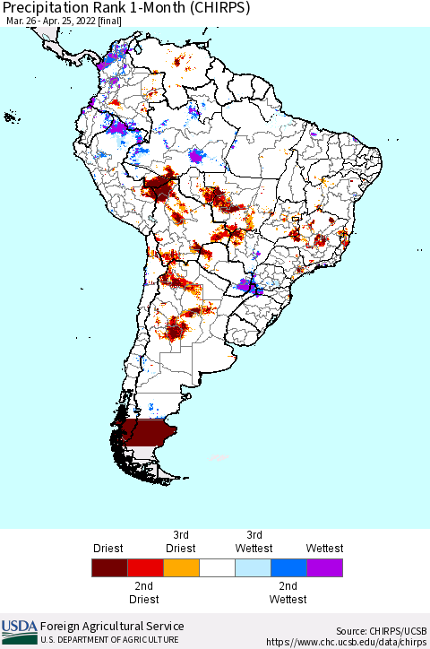 South America Precipitation Rank since 1981, 1-Month (CHIRPS) Thematic Map For 3/26/2022 - 4/25/2022