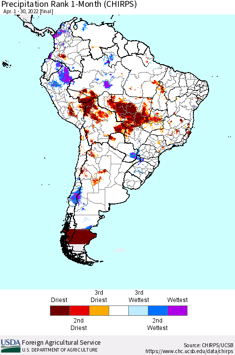 South America Precipitation Rank since 1981, 1-Month (CHIRPS) Thematic Map For 4/1/2022 - 4/30/2022