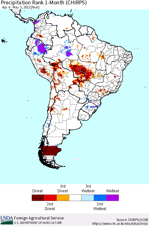 South America Precipitation Rank since 1981, 1-Month (CHIRPS) Thematic Map For 4/6/2022 - 5/5/2022
