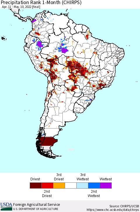 South America Precipitation Rank since 1981, 1-Month (CHIRPS) Thematic Map For 4/11/2022 - 5/10/2022