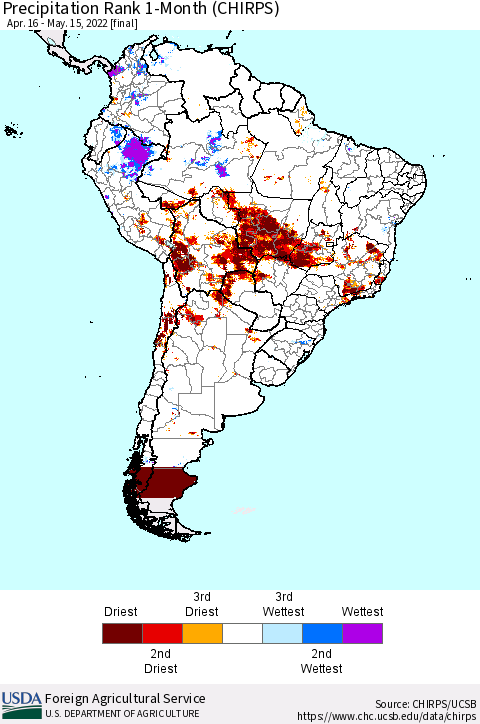 South America Precipitation Rank since 1981, 1-Month (CHIRPS) Thematic Map For 4/16/2022 - 5/15/2022