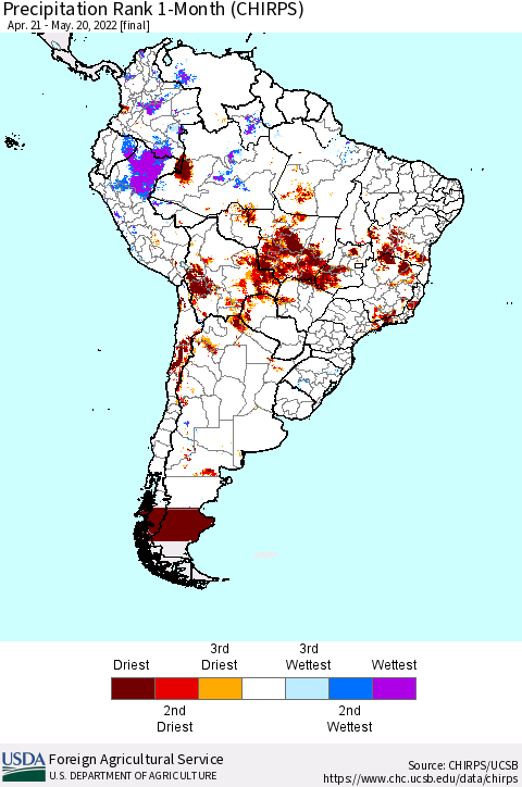 South America Precipitation Rank since 1981, 1-Month (CHIRPS) Thematic Map For 4/21/2022 - 5/20/2022