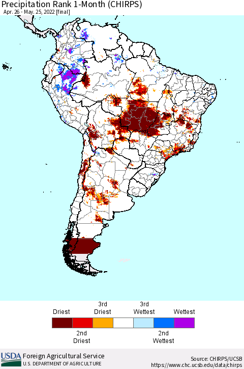 South America Precipitation Rank since 1981, 1-Month (CHIRPS) Thematic Map For 4/26/2022 - 5/25/2022