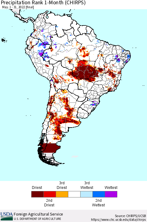 South America Precipitation Rank since 1981, 1-Month (CHIRPS) Thematic Map For 5/1/2022 - 5/31/2022