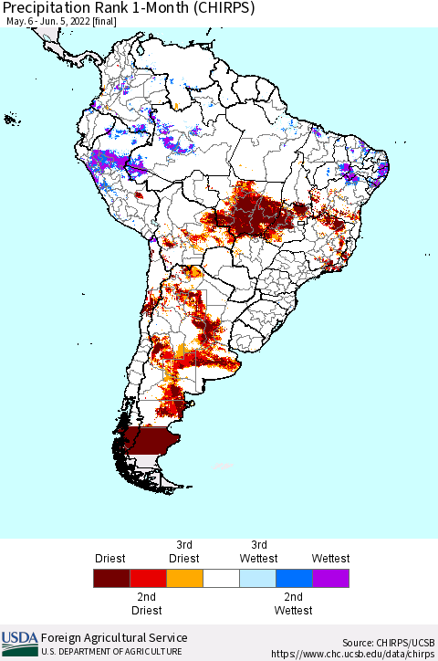 South America Precipitation Rank since 1981, 1-Month (CHIRPS) Thematic Map For 5/6/2022 - 6/5/2022