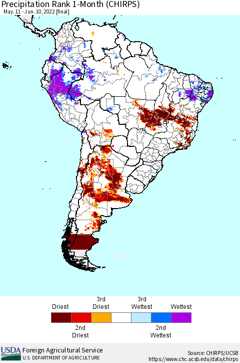 South America Precipitation Rank since 1981, 1-Month (CHIRPS) Thematic Map For 5/11/2022 - 6/10/2022