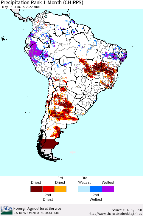 South America Precipitation Rank since 1981, 1-Month (CHIRPS) Thematic Map For 5/16/2022 - 6/15/2022
