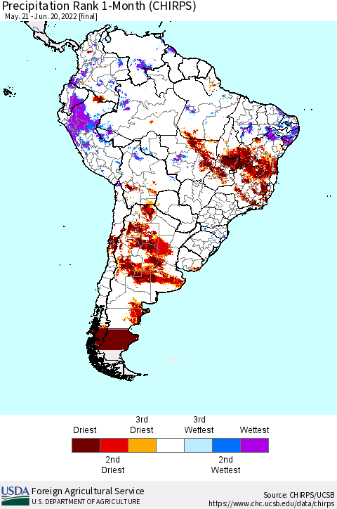 South America Precipitation Rank since 1981, 1-Month (CHIRPS) Thematic Map For 5/21/2022 - 6/20/2022