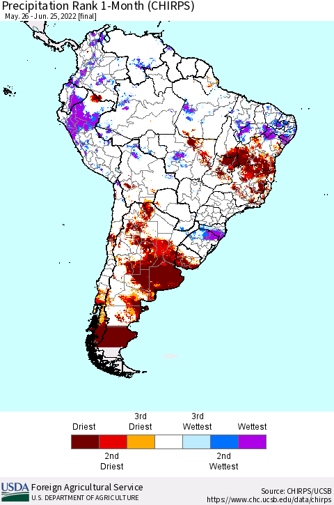 South America Precipitation Rank since 1981, 1-Month (CHIRPS) Thematic Map For 5/26/2022 - 6/25/2022