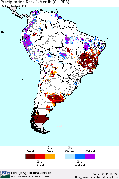 South America Precipitation Rank since 1981, 1-Month (CHIRPS) Thematic Map For 6/1/2022 - 6/30/2022