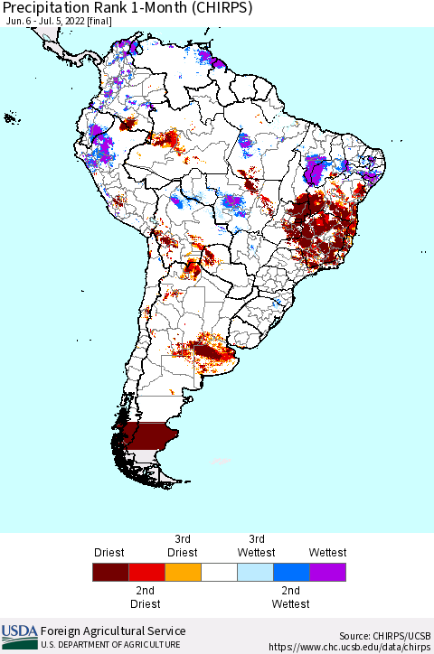 South America Precipitation Rank since 1981, 1-Month (CHIRPS) Thematic Map For 6/6/2022 - 7/5/2022