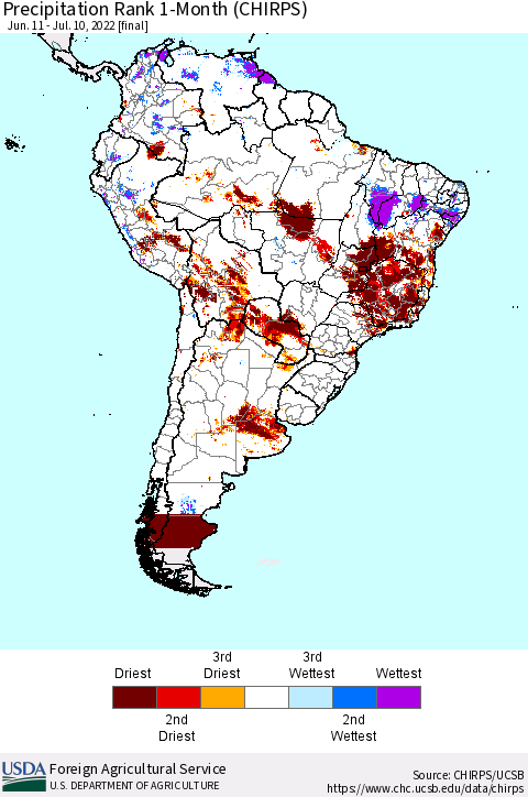 South America Precipitation Rank since 1981, 1-Month (CHIRPS) Thematic Map For 6/11/2022 - 7/10/2022