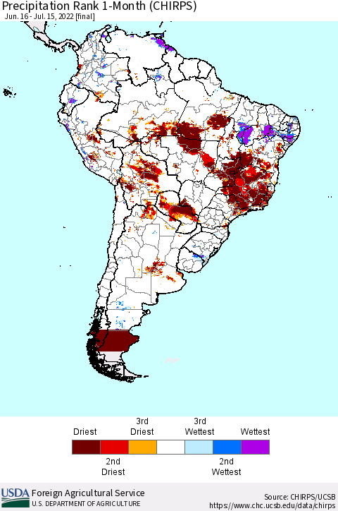 South America Precipitation Rank since 1981, 1-Month (CHIRPS) Thematic Map For 6/16/2022 - 7/15/2022