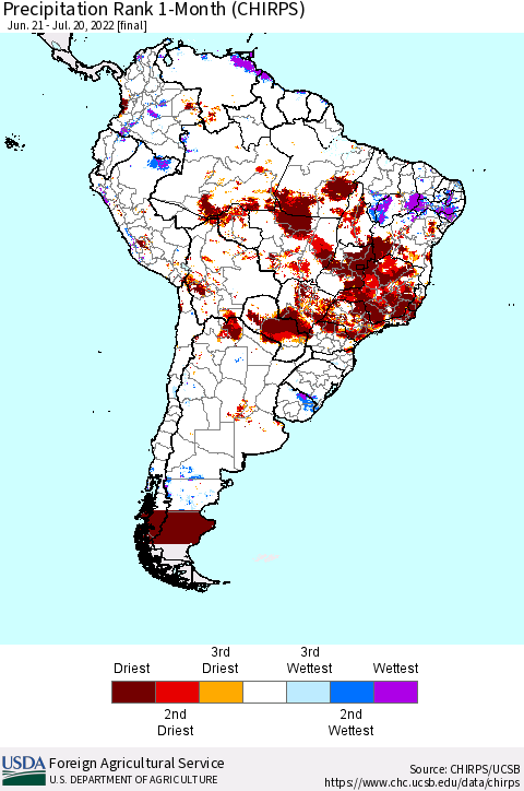 South America Precipitation Rank since 1981, 1-Month (CHIRPS) Thematic Map For 6/21/2022 - 7/20/2022