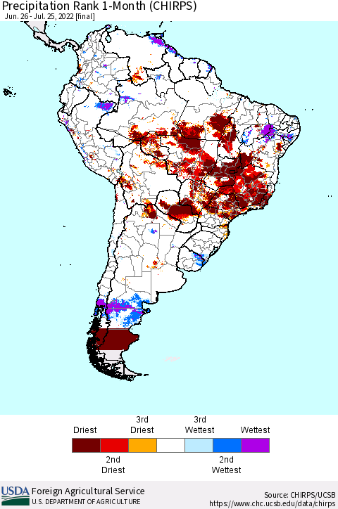 South America Precipitation Rank since 1981, 1-Month (CHIRPS) Thematic Map For 6/26/2022 - 7/25/2022