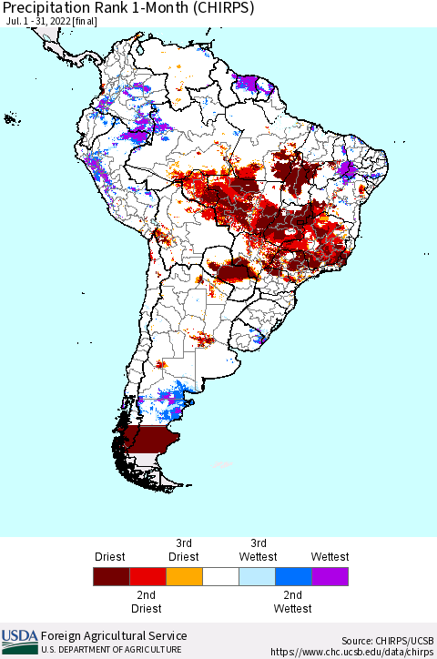 South America Precipitation Rank since 1981, 1-Month (CHIRPS) Thematic Map For 7/1/2022 - 7/31/2022