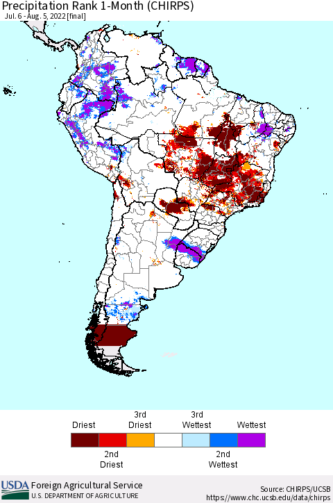 South America Precipitation Rank since 1981, 1-Month (CHIRPS) Thematic Map For 7/6/2022 - 8/5/2022