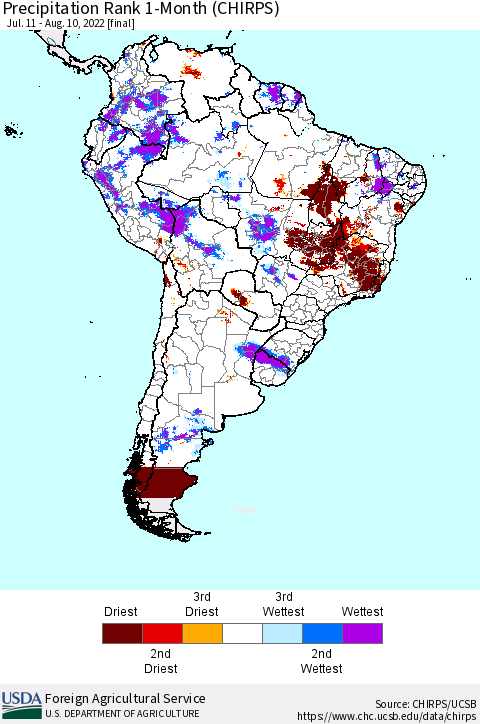 South America Precipitation Rank since 1981, 1-Month (CHIRPS) Thematic Map For 7/11/2022 - 8/10/2022