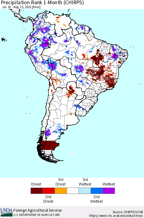 South America Precipitation Rank since 1981, 1-Month (CHIRPS) Thematic Map For 7/16/2022 - 8/15/2022