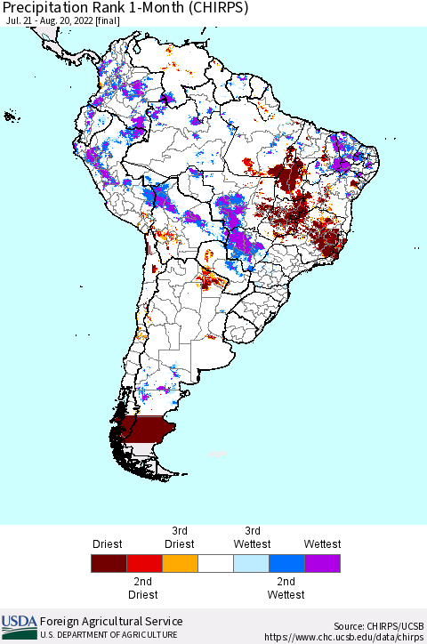 South America Precipitation Rank since 1981, 1-Month (CHIRPS) Thematic Map For 7/21/2022 - 8/20/2022